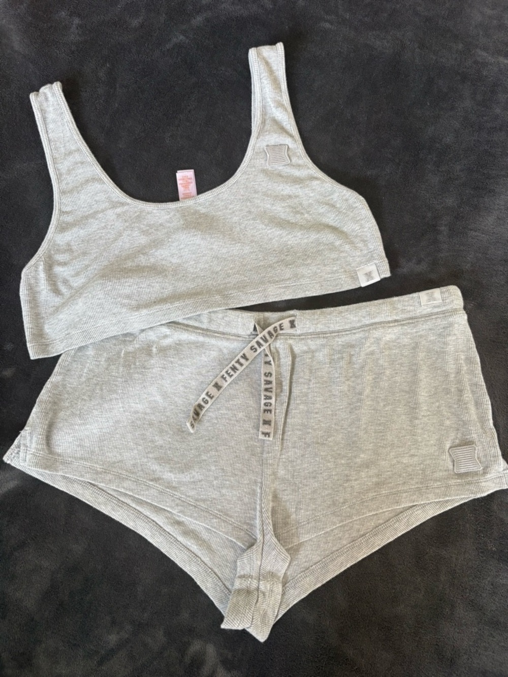 Savage X Fenty Light Heather Gray Ribbed Bralette & Lounge Shorts Set